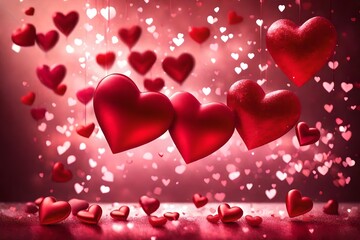 Elegant Valentine's background with 3D red and pink hearts floating over a shimmering, bokeh light background, creating a luxurious and glamorous love atmosphere