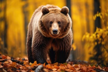 Obraz premium Front view of brown bear in autumn forest. Portrait of Kamchatka bear