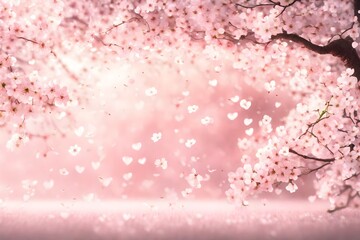 Ethereal Valentine's background with delicate heart-shaped cherry blossoms falling against a serene, blush-colored backdrop, evoking a romantic springtime love