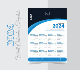 Single page wall calendar 2024 design template, modern and clean style vector one page calendar design 2024, a4 vector template - obrazy, fototapety, plakaty