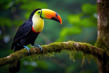 Fototapeta premium Toucan sitting on a branch in the rainforest. Generative AI