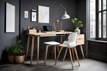 inspired office featuring a simple white chair, a compact ash wood writing desk with drawers, near a bay window, against a dark grey wall - obrazy, fototapety, plakaty