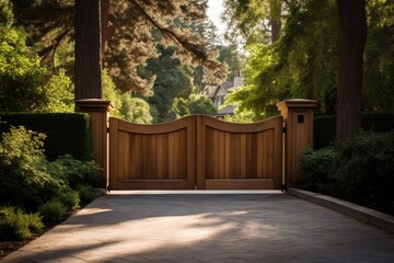 Wooden gate and driveway of private home - obrazy, fototapety, plakaty
