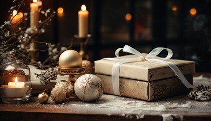 a gift wrapped with golden paper and a white bow, next to it burning candles and other Christmas decorations in gold tones