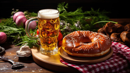 Oktoberfest pretzel bagel sandwich, Oktoberfest day breakfast, burger recipe. Generative Ai