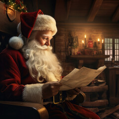 Obraz premium Santa Claus in a cozy home reading Christmas letters. AI Generative