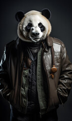 portrait of panda bear dressed in trendy urban clothes, confident. Fashion portrait of an anthropomorphic animal, posing with a charismatic human attitude