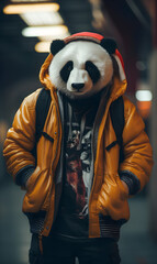 Fototapeta na wymiar portrait of panda bear dressed in trendy urban clothes, confident. Fashion portrait of an anthropomorphic animal, posing with a charismatic human attitude