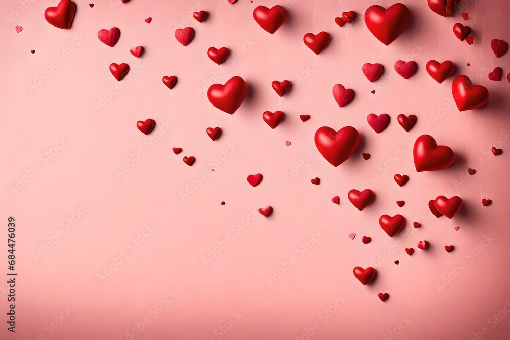Poster a romantic valentine's day background with an array of red hearts of different sizes floating on a s