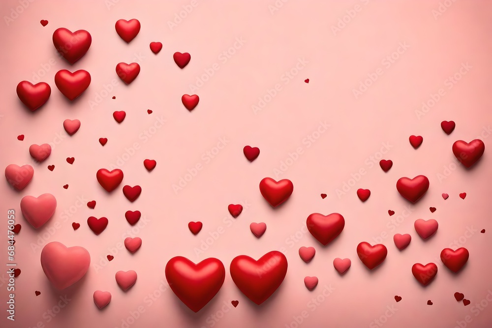 Poster a romantic valentine's day background with an array of red hearts of different sizes floating on a s