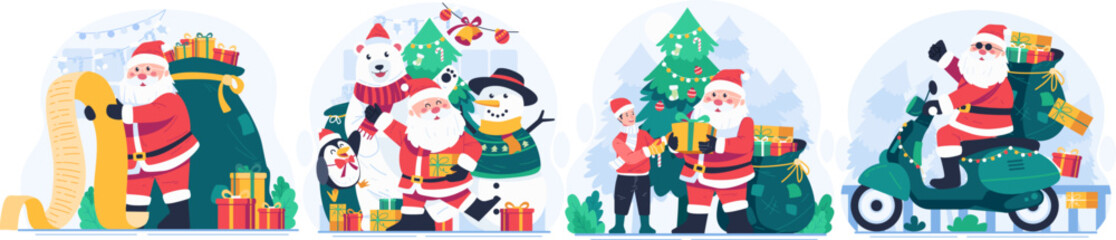Illustration Set of Santa Claus and His Adorable Companions With a Christmas Tree and Gifts. Merry Christmas Winter Holiday Illustration