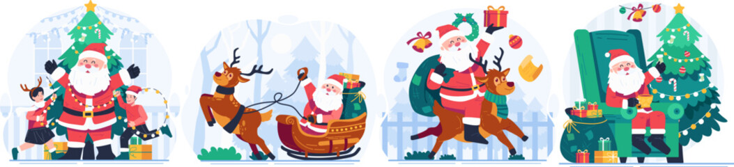 Illustration Set of Santa Claus Riding on Sleigh With Reindeer and Children. Merry Christmas Winter Holiday Illustration