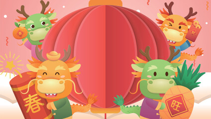 Playful and cute character of dragon with red lantern, lively celebration of Chinese New Year, vector poster