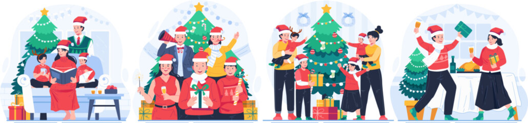 Illustration Set of Happy People Celebrating Christmas Winter Holiday With a Christmas Tree and Gifts. Merry Christmas and Happy New Year Concept Illustration