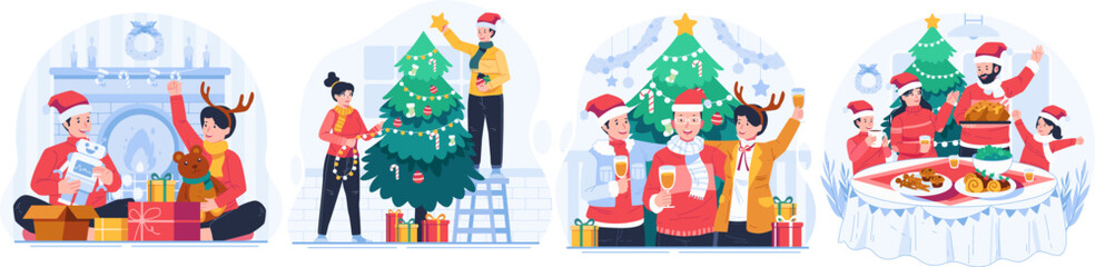 Illustration Set of Happy People Celebrating Christmas Winter Holiday. Decorating a Christmas Tree. Merry Christmas and Happy New Year Concept Illustration