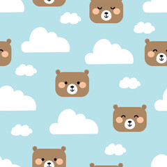 Seamless pattern of brown teddy bears, and white clouds, blue background cute wallpaper for gift wrapping paper, textile, colorful vector for kids, flat style
