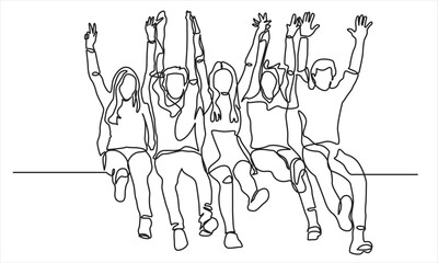 continuous line drawing of happy group friends' hands rising to sit on the bench. the concept of friendship, emotional support, comfort someone a happy moment.