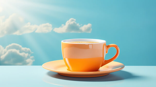 Sun and white cup on blue background, good morning concept. Generative Ai