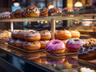 A display of donuts in a bakery. Generative AI.