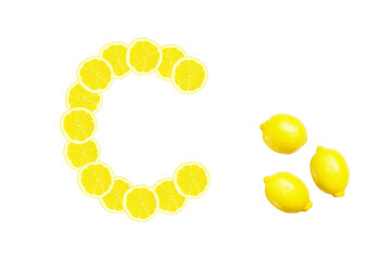 Lemon isolated on a transparent background. Lemon is a natural source of vitamin c . Alphabet letter C made from yellow lemons.