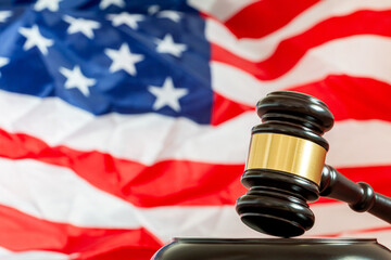 Court hammer, wooden judge gavel over the american flag with copy space