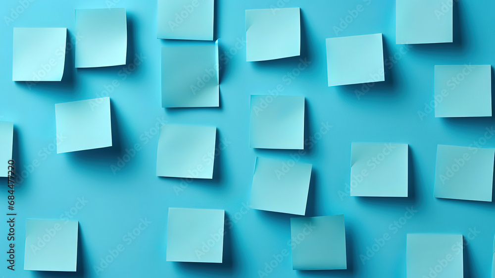 Aufkleber laptop computer with many sticky notes on a blue background flat lay. generative ai