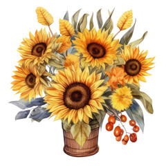 elements of autumn design, bouquets, sunflowers, flowers, fallen leaves, basket, wreath, wild rose