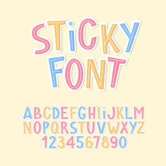 Sticky Font. Colorful  Cute Sticker Alphabet. Bright Kids Papercut Letters and Numbers. Cut Out Paper Type Set.