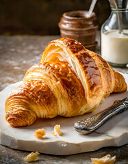 Butter croissants cut with a knife have delicate layers, textspace. Generative AI