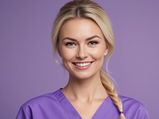 Young beautiful successful female doctor over purple background