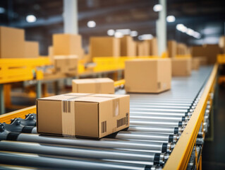 Cardboard boxes on conveyor belt in warehouse.Generative ai