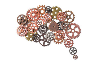 Gears arranged in the shape of a brain isolated on a white background. Mental health and activity concept