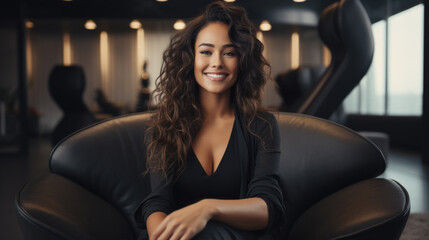 A woman sitting at a lounge with a smile on her face enjoying a moment of appiness