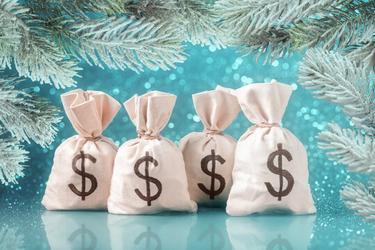 Money bags with USD symbols over abstract holiday background with frosty Christmas tree branches
