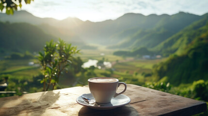 cup of coffee on wood table at sunrise.Generative ai