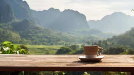 cup of coffee on wood table at sunrise.Generative ai