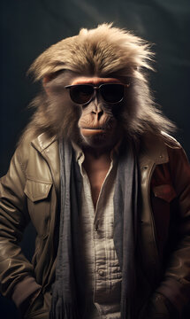 portrait of baboon dressed in trendy urban clothes, confident. Fashion portrait of an anthropomorphic animal, posing with a charismatic human attitude