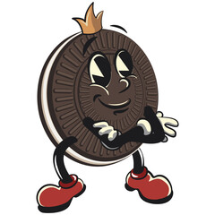 mascot, character, vintage cute sweet cream sandwich biscuit wearing king crown while standing calm, illustration, vector, isolated cartoon, emoticon, vintage mascot cute sweet cream sandwich biscuit