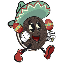 mascot, character, vintage cute sweet cream sandwich biscuit in sombrero hat and playing maracas, illustration, vector, isolated cartoon, emoticon, vintage mascot of cute sweet cream sandwich biscuit