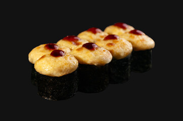 Maki fried hosomaki sushi with fresh salmon, cheese. Photo for menu