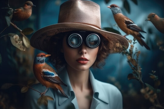 A Woman Wearing A Hat And Glasses Surrounded By Birds