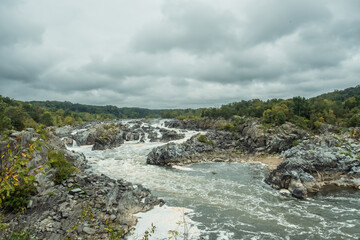 Potomac River waterfall near Washington, D.C., on a cloudy day.