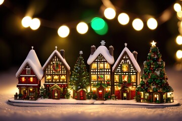 Fototapeta na wymiar Christmas and New Year miniature village. Festive decoration