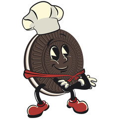 mascot, character, vintage cute sweet cream sandwich biscuit wearing chef hat, illustration, vector, isolated cartoon, emoticon, vintage mascot cute sweet cream sandwich biscuit