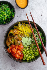 Hawaiian salmon poke bowl with rice