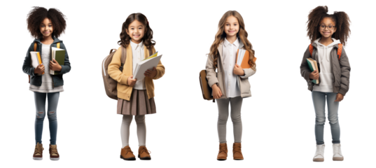 Set of Portrait of little girl student happy smiling standing holding a book and carrying a school bag, Full body isolated on white background, png