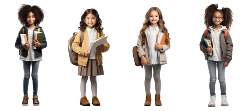 Set of Portrait of little girl student happy smiling standing holding a book and carrying a school bag, Full body isolated on white background, png