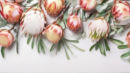 Bouquet of Protea Flowers on a white background with space for text.