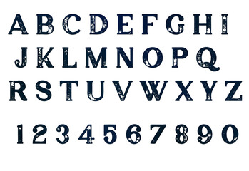 Vintage retro typeface. Rubber Stamp Alphabet and Numbers on white background.
