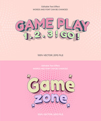 Editable text effect - Play Game and Game zone 3d cartoon template style premium vector. Trendy color background
